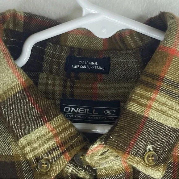O’NEILL Boys Kids Brown and Orange Accent Plaid Pattern Flannel Button Up Size M - Picture 4 of 5
